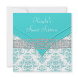 Teal Blue Damask Sweet 16 Party invitations