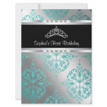 Teal Blue Damask Tiara Princess First Birthday Par