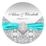 Teal Blue Diamond Wedding Favour Labels Round Stickers