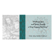 teal blue green swirl damask ornate pattern photo card