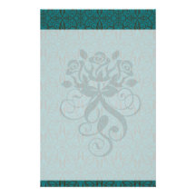 teal blue green swirl damask ornate pattern stationery design