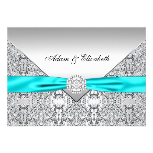 Teal Blue Lace Diamond Ribbon Wedding 5x7 Invite