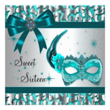 Teal Blue Leopard Sweet Sixteen Masquerade Party Custom Invitations