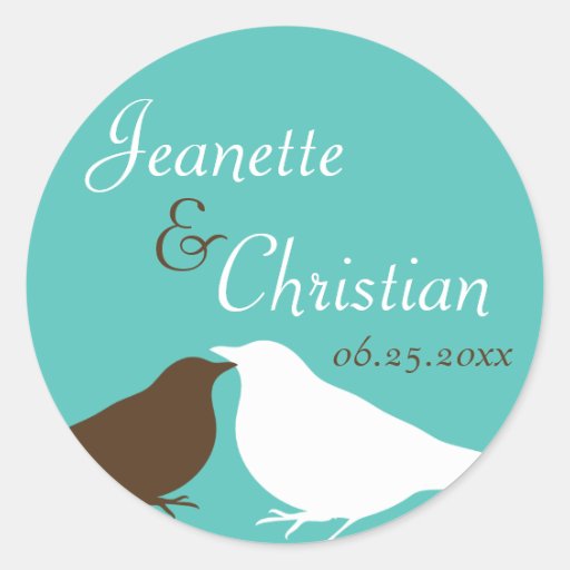 Teal blue pair love birds wedding favour seal labe stickers