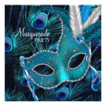 Teal Blue Peacock Mask Masquerade Party Personalised Invites