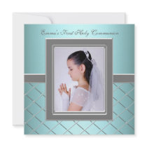 Teal Blue Photo Girls 1st Communion Custom Invitation