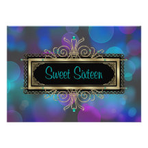 Teal Blue Purple Sweet Sixteen Birthday Party Custom Invitations