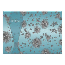 Teal Blue Silver Flowers Party Template Personalised Invitation