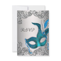 Teal Blue Silver Mask Masquerade Party RSVP