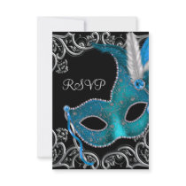 Teal Blue Silver Mask Masquerade Party RSVP