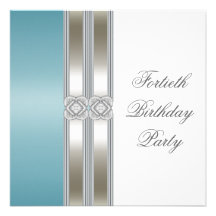 Teal Blue Silver White Classy 40th Birthday Party Invite