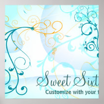 Teal Blue Swirls Sweet Sixteen Birthday Banner