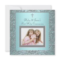 Teal Blue Twins Photo First Communion Custom Announcements