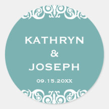 Teal blue Victorian scroll wedding favour label Round Stickers
