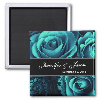 TEAL BLUE Wedding Rose Bouquet with Lace Fridge Magnet by JaclinArt