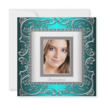 Teal Blue White Photo Quinceanera Personalized Announcements
