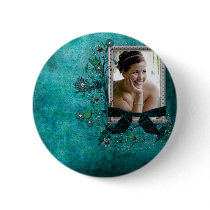 Teal blue with flowers photo template pinback button