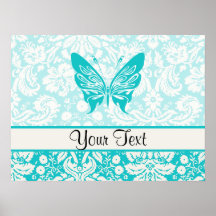 Teal Butterfly; Damask Pattern Posters