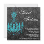 Teal Chandelier Black Damask Sweet 16 Birthday invitations