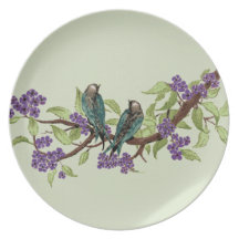Teal Cute Kissing Love Birds Sitting in a Bird Cag Dinner Plate