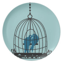 Teal Cute Kissing Love Birds Sitting in a Bird Cag Dinner Plate