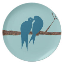 Teal Cute Kissing Love Birds Sitting in a Tree Party Plate