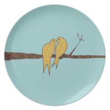 Teal Cute Kissing Love Birds Sitting in a Tree Party Plate