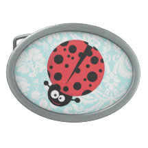 Teal Damask Pattern Ladybug Oval Belt Buckles