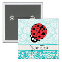 Teal Damask Pattern Ladybug Pinback Buttons