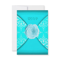 Teal Damask Rose Teal Blue All Occasion RSVP Announcement