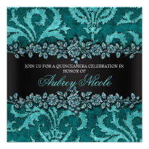 Teal Glitter Velvet Floral Quinceanera Invite