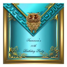 Teal Golden Owl Image Elite Elegant Birthday Party Personalised Invitations
