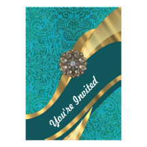 Teal green floral damask announcements