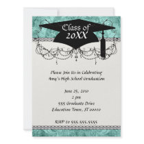 teal grunge damask graduation personalised invites