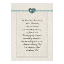 Teal Jewel Heart Ribbons & Lace Post Wedding Personalized Announcements