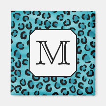 Teal Leopard Print, Custom Monogram. Refrigerator Magnet