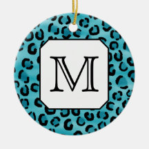 Teal Leopard Print, Custom Monogram. Christmas Tree Ornaments