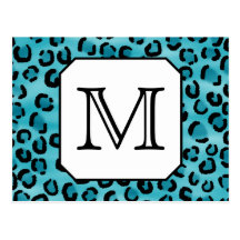 Teal Leopard Print, Custom Monogram. Post Card