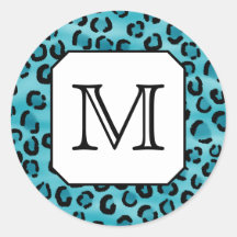 Teal Leopard Print, Custom Monogram. Round Stickers