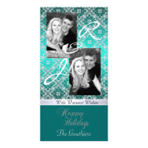 Teal Monogram Lace Holiday Ribbon Photo Card