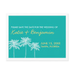 Teal palm trees summer wedding chic save the date postcards