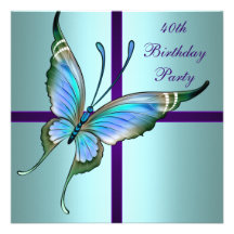 Teal Purple Butterfly Elegant 40th Birthday Party Personalized Announcement