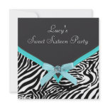 Teal Zebra Sweet 16  Birthday Party Invite