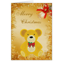 Teddy Bear, Gold Tinsel & Bell Christmas Card