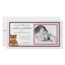 Teddy Bear Pink Customised Birth Announcement Photo Greeting Card