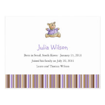 Teddy Bear Purple/Brown • Adoption Announcement Postcard