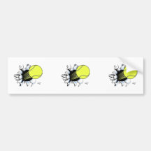 tennis ball ripping through bumper stickers