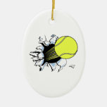 tennis ball ripping through christmas ornaments