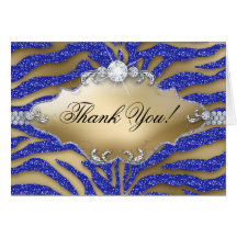 Thank You Greeting Card Zebra Sparkle Gold Blue