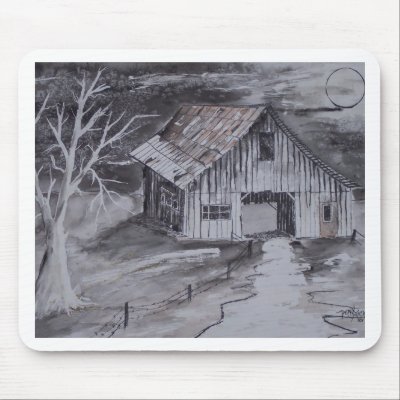 THE BARN folk art country painting drawing Mousepads by dereklovessheila